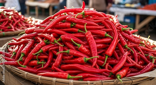 A large pile of red chili peppers at a market.