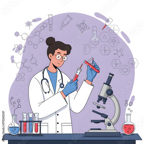 Scientist meticulously examines a blood sample using a pipette, near a microscope in a laboratory setting.