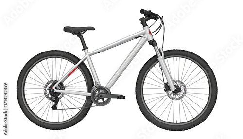 Side view of a silver hybrid bicycle.  Features include tires, brakes, frame, and handlebars