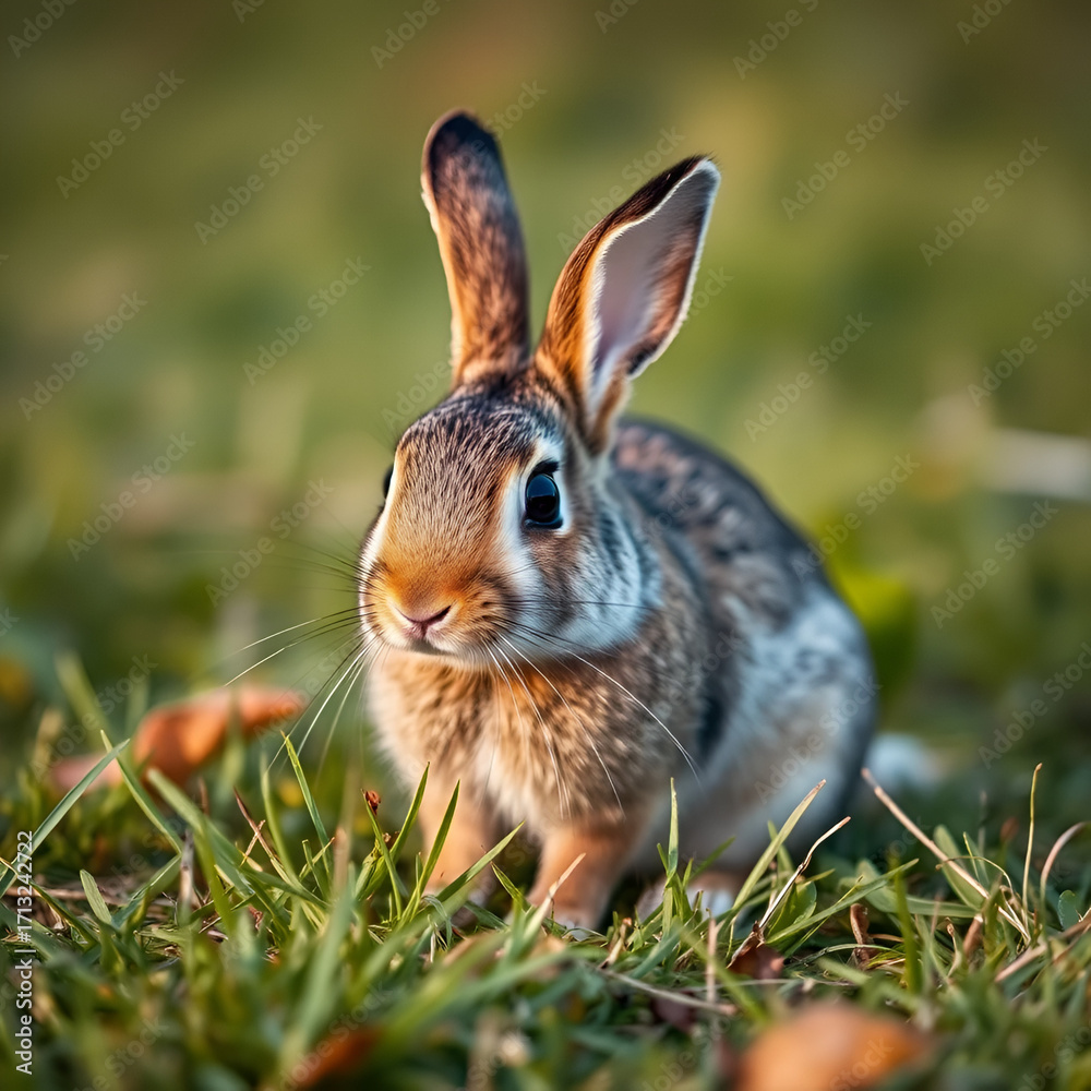Fototapeta premium Selective focus of an Eastern cottontail rabbit, Sylvilagus floridanus on a grass