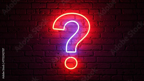 Neon question mark glows on red brick wall