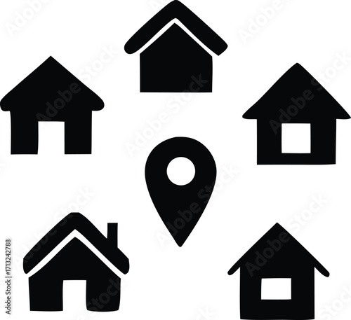 House icons and location pin symbol array offering real estate and navigation concepts for your projects