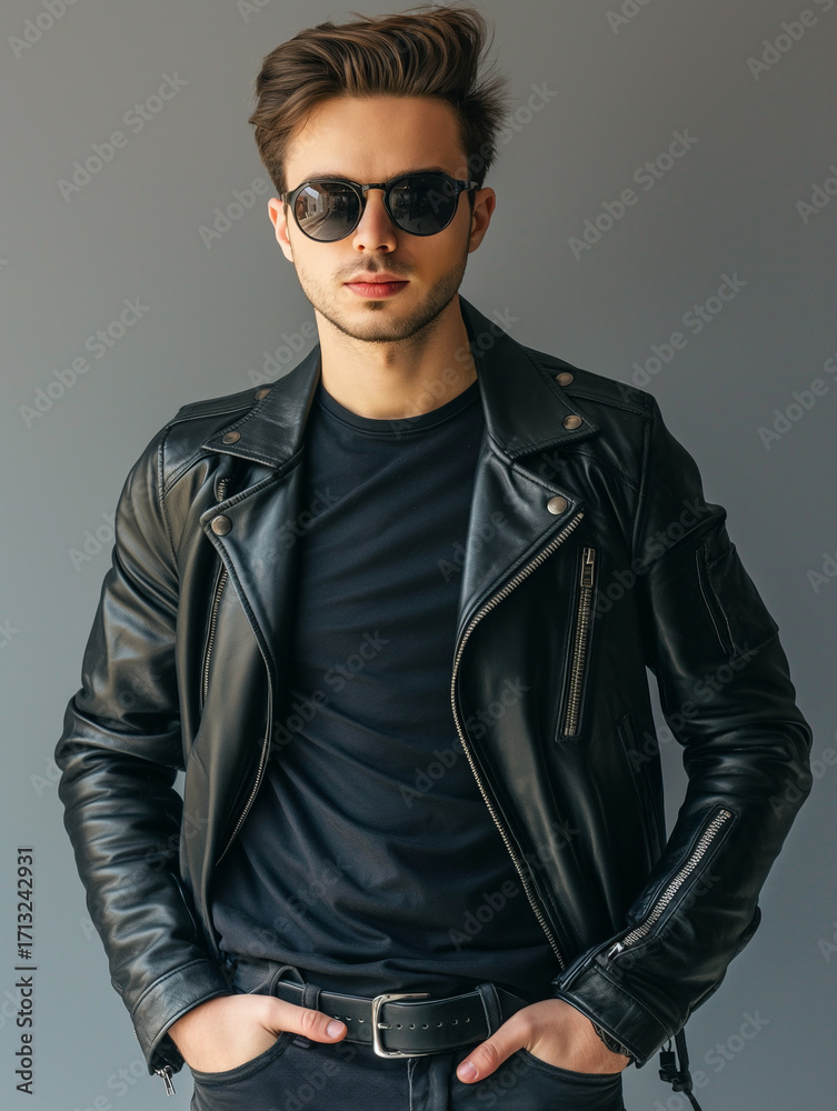 Fototapeta premium Jovem elegante com jaqueta de couro e óculos de sol.