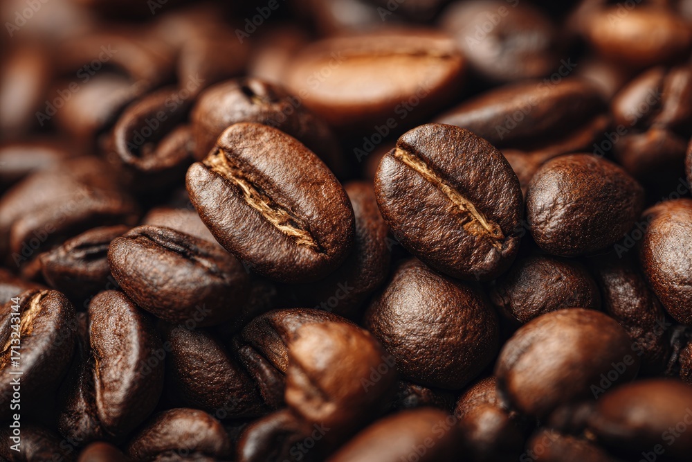 Fototapeta premium Close-up of roasted coffee beans. Dark brown, ovals, textured surfaces, and ridges. Shallow depth of field, focusing on several beans