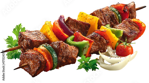 Turkish kebab with grilled vegetables, isolated on a white background