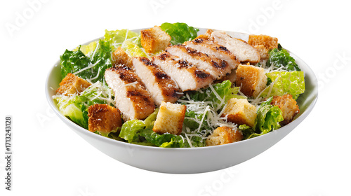 Caesar salad with grilled chicken, croutons and parmesan, isolated on a white background