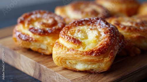 Puff pastry cheese Danish on wooden board, golden layers and melted cheese in close, warm detail.