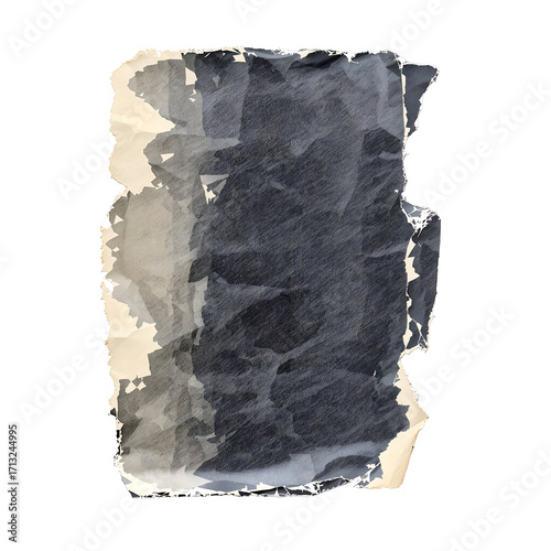 Vintage distressed paper element with torn edges and a crumpled texture, featuring a dark abstract paint overlay on an isolated background