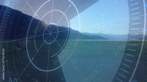 On load HUD overlay rotating scanning arc across mountain ridge and lake for terrain scan