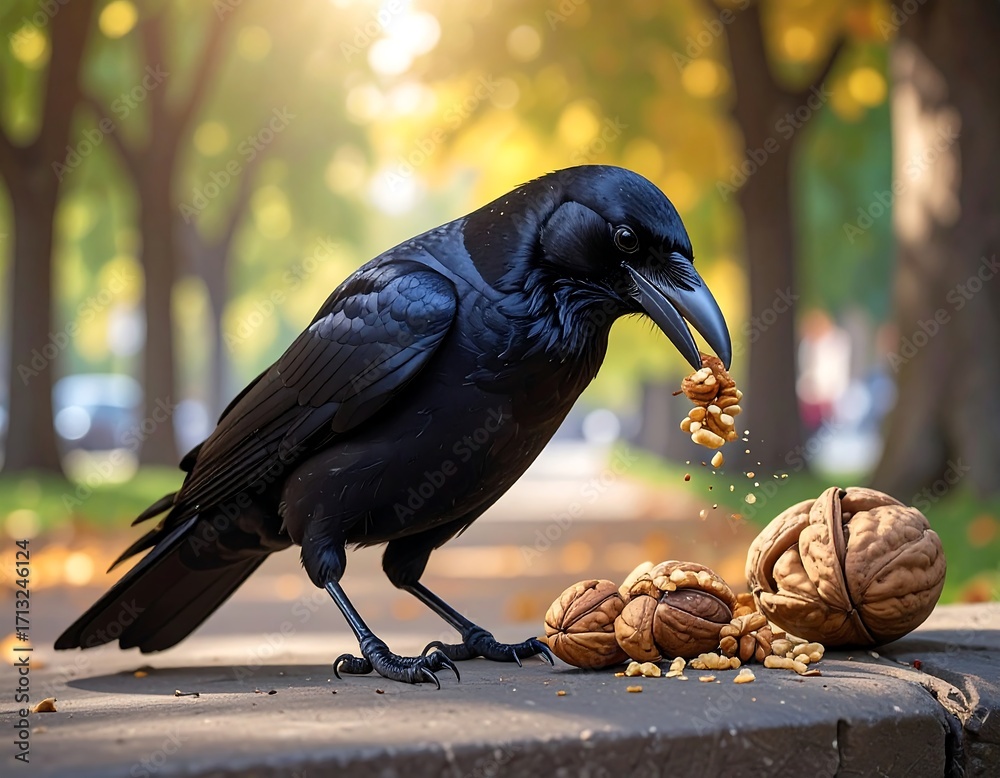 Fototapeta premium Crow eating nuts in autumn