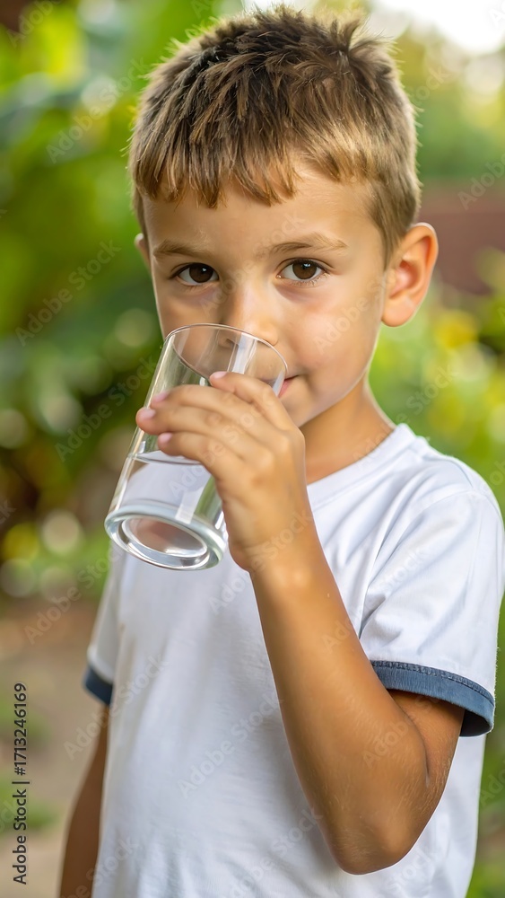 Obraz premium Young boy drinking water outdoors