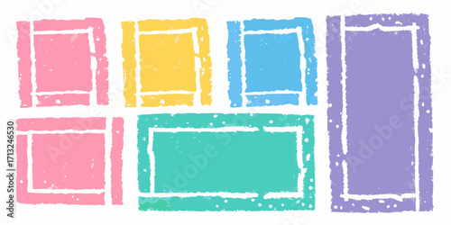 Collection of hand drawn colorful abstract rectangles and squares with textured borders on white background