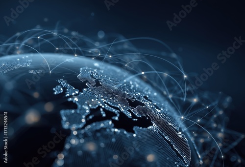 a digital globe with glowing connections representing global connectivity and data flow, set against the dark blue background of an abstract technology landscape Generative AI