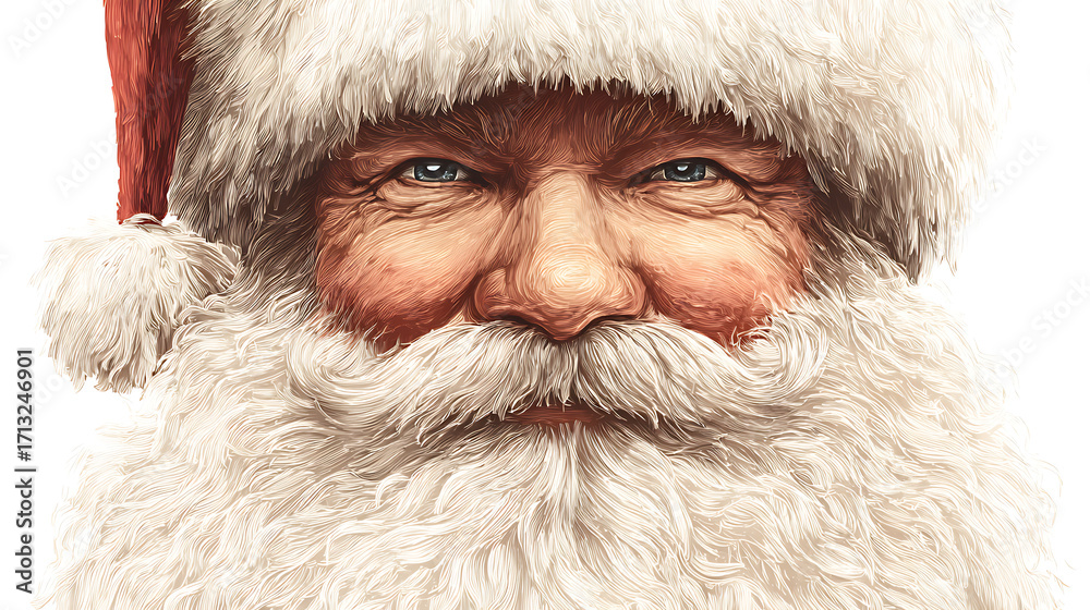 Obraz premium Santa Claus face illustration with beard and hat, isolated on a white background