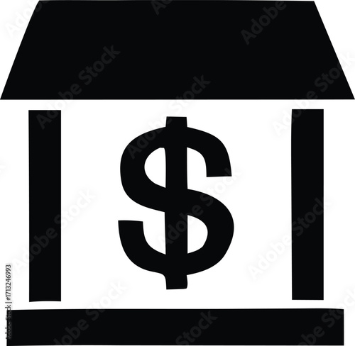 Simple black and white icon of a bank building with a dollar sign symbol inside for financial services and money transactions