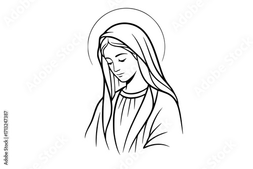 Vector Illustration of the Virgin Mary (Our Lady, Holy Mary, Madonna), Mother of Jesus, on a Beige Background — Printable Design Suitable for Logo, Sign, Tattoo, Laser Cutting, and Sticker Use