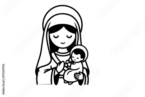 Vector Illustration of Cute Virgin Mary (Our Lady, Holy Mary, Mother of Jesus) — Printable Design Suitable for Logo, Sign, Tattoo, Laser Cutting, Sticker, and Other Print-on-Demand Products