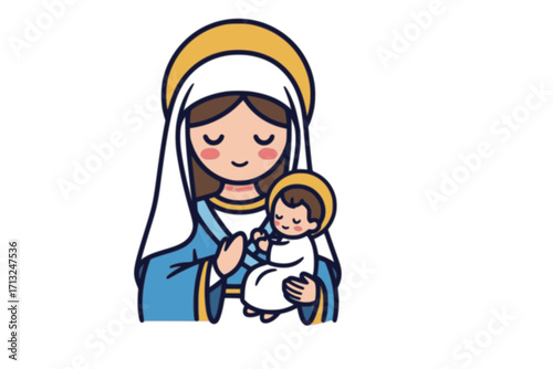 Vector Illustration of Cute Virgin Mary (Our Lady, Holy Mary, Mother of Jesus) — Printable Design Suitable for Logo, Sign, Tattoo, Laser Cutting, Sticker, and Other Print-on-Demand Products