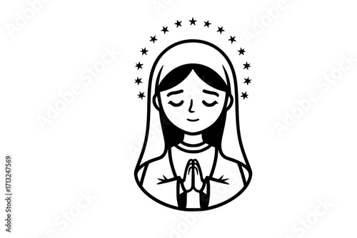 Vector Illustration of Cute Virgin Mary (Our Lady, Holy Mary, Mother of Jesus) — Printable Design Suitable for Logo, Sign, Tattoo, Laser Cutting, Sticker, and Other Print-on-Demand Products