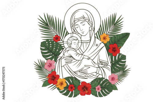 Madonna and Child in Tropical Foliage — Modern Flat Christian Icon of the Virgin Mary Holding a Sleeping Child, Surrounded by Tropical Leaves and Hibiscus Flowers with a Soft Halo, Ideal for Church Ma