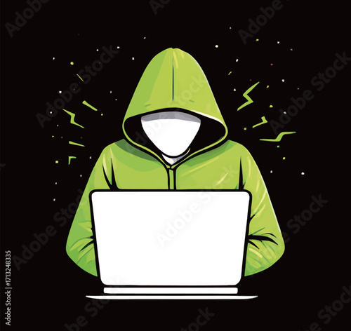 A figure in a bright green hoodie works on a laptop against a dark backdrop, with dynamic energy lines suggesting a digital environment.