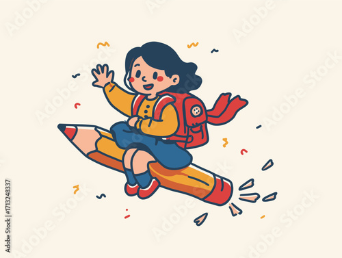 A cheerful girl wearing a yellow sweater and blue skirt sits on a giant pencil, waving happily. She has a backpack and a red scarf, surrounded by colorful confetti.