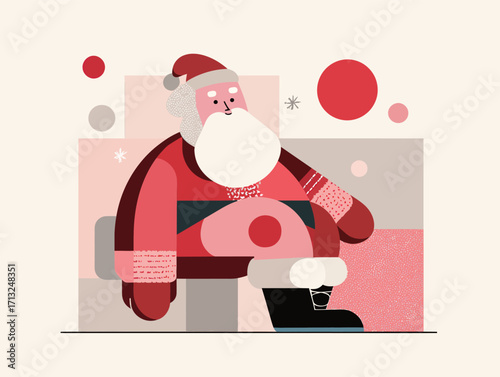 A cheerful holiday character dressed in red and black sits comfortably against a simple, colorful backdrop. His white beard adds to the festive spirit.