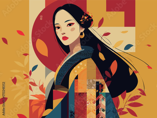 A young woman stands confidently in traditional clothing adorned with vibrant patterns, surrounded by autumn leaves against a warm backdrop. Her expression is serene yet strong.