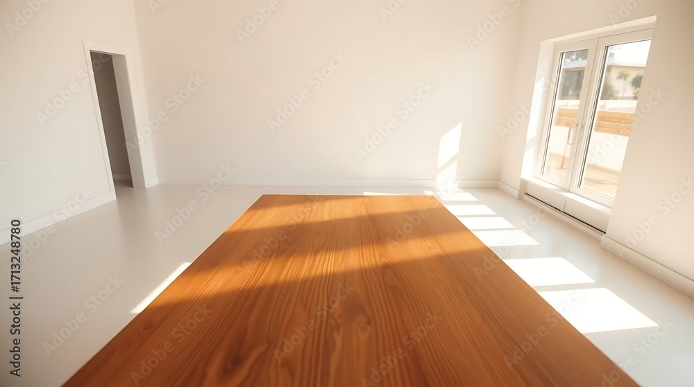 Obraz premium Modern minimalist interior with bright sunlight streaming through the window onto elegant wood table