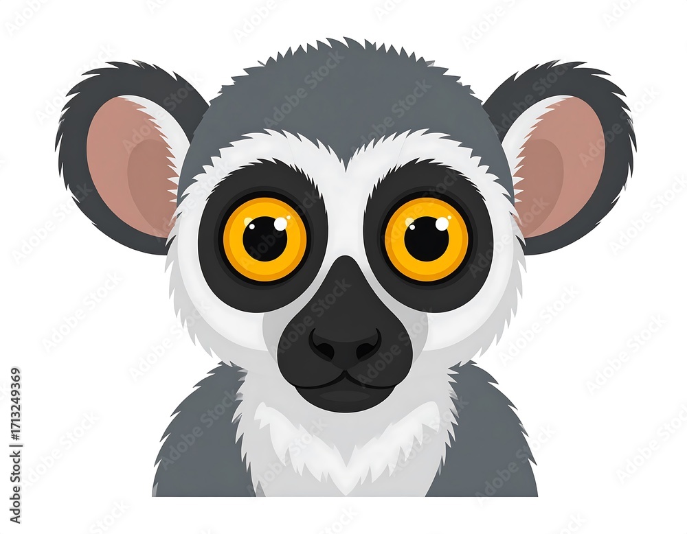 Obraz premium Engaging close-up of a lemur's head, showcasing large, bright eyes and detailed fur patterns against a clean white background.