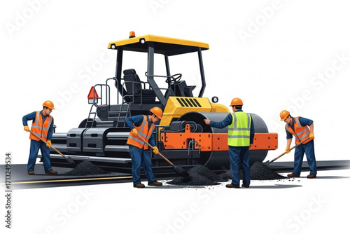 Vector Illustration of Road Paving with Asphalt Roller and Construction Crew
