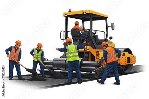 Vector Illustration of Workers Operating Asphalt Roller Machine in Road Construction
