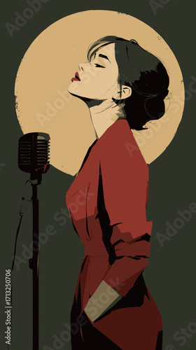 A woman dressed in a red outfit stands confidently by a vintage microphone. The warm spotlight creates a glowing backdrop as she prepares to sing.