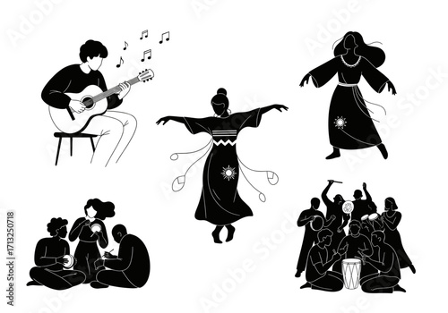 Illustrations of musicians, dancers and people playing instruments in monochrome style art work