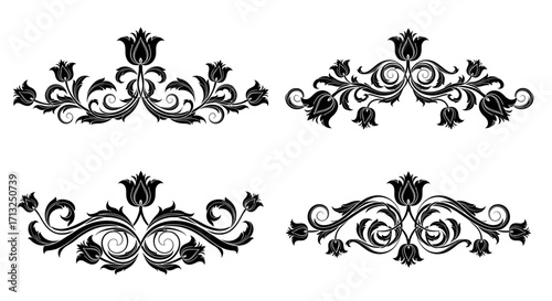 Four floral ornaments with swirling leaves and tulip like flowers in a symmetrical arrangement