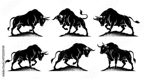 Collection of six stylized bull illustrations in various poses on a white setting