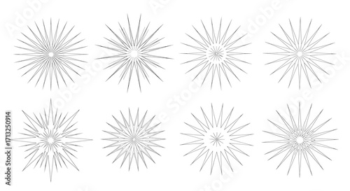Eight starburst shapes with radiating lines arranged in a rectangular formation evenly spaced apart