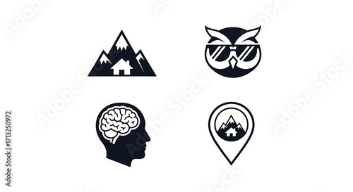 Collection of four distinct graphic icons featuring diverse conceptual representations