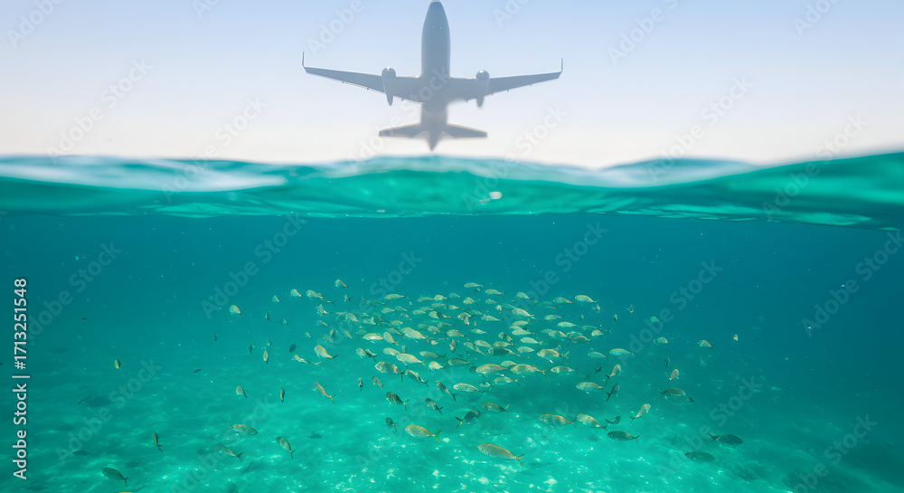 Naklejka premium Airplane Shadow Over Clear Tropical Water with Schools of Fish Swimming Beneath the Surface