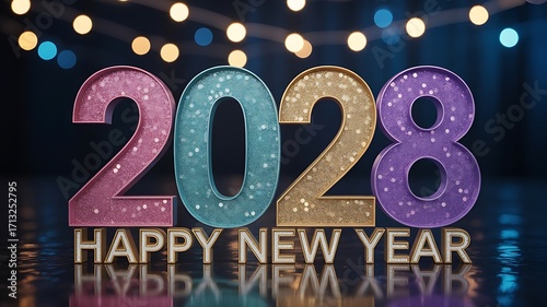Happy New Year 2028 Glittering Numbers With Bokeh Lights Background celebration festive