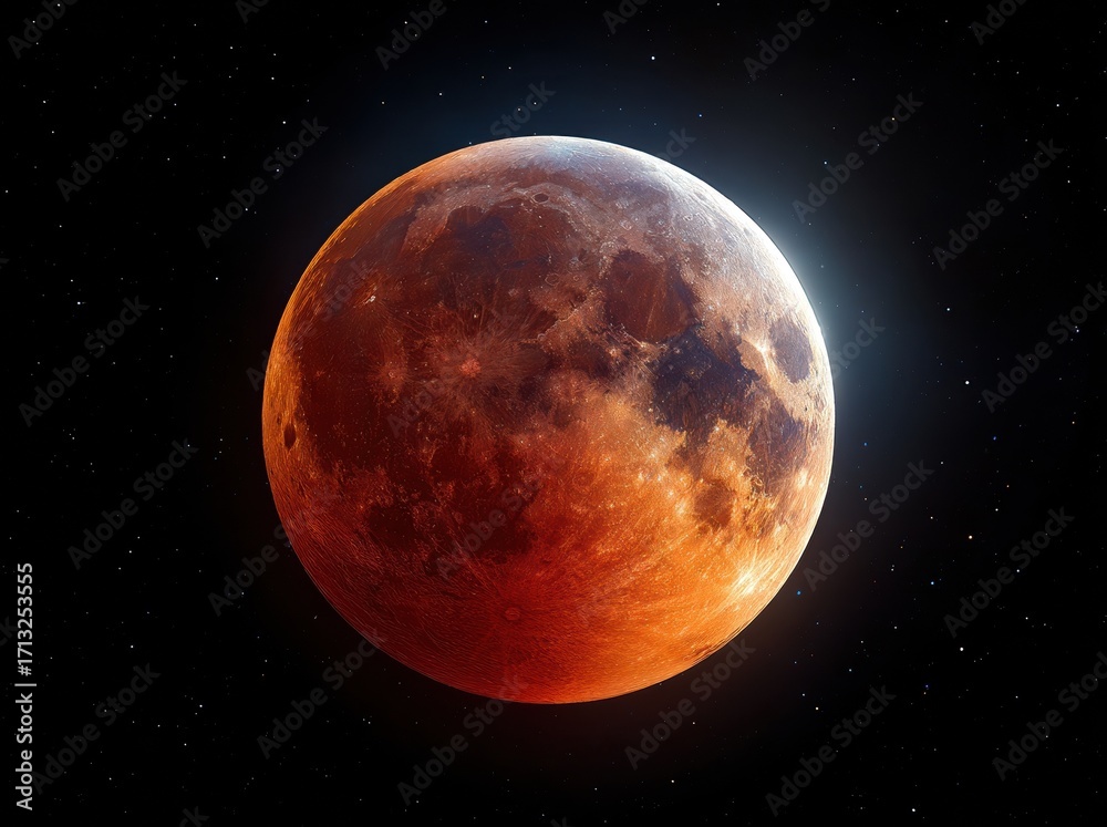 Obraz premium Super Blood Moon During Lunar Eclipse Against Dark Starry Sky with Detailed Moon Surface, Illustrating Astronomy, Cosmic Exploration, and Night Sky Observation Themes.