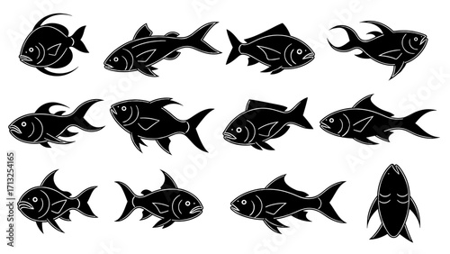 Vector Art Collection Diverse Aquatic Life Fish Silhouettes Isolated Transparent Background