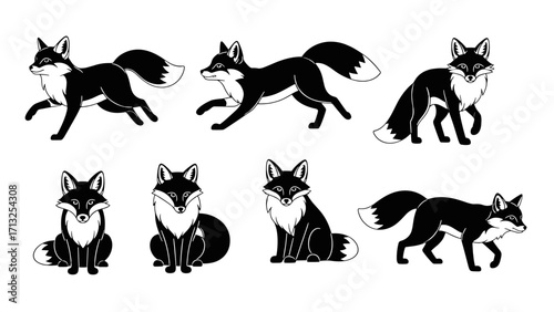 Cute Playful Fox Poses Set Realistic Animal Silhouette Isolated on Transparent Background