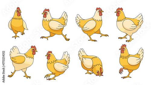 Animated Yellow Hen in Various Farmyard Poses Isolated on Transparent Background