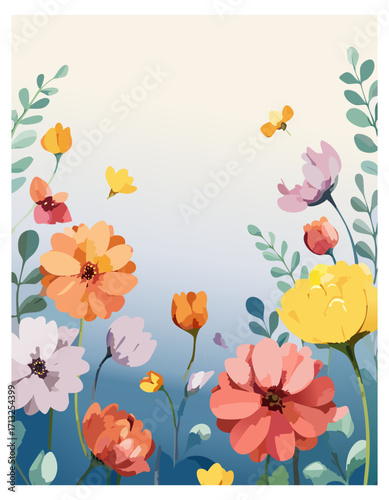 Whimsical watercolor garden with poppies and butterflies