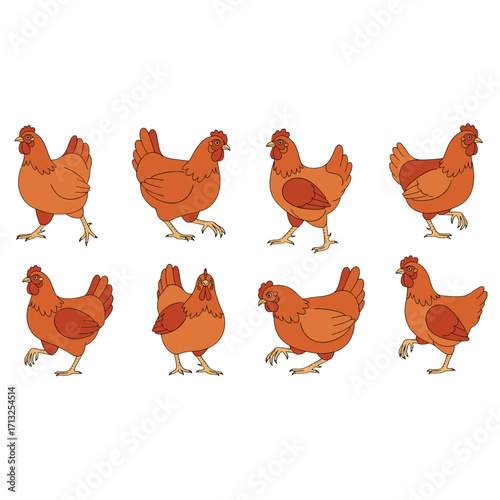 Eight Cute Cartoon Chickens Walking Isolated on Transparent Background Poultry Farm Animals Animation Frames