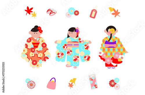 着物を着ておしゃれしている女の子と和素材のイラスト