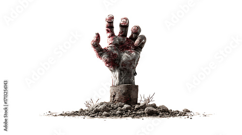 Zombie hand breaking ground, isolated on a white background.