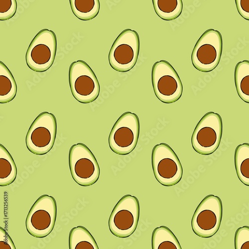 Raster repeating pattern with avocado on a green background