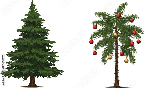 Christmas pine tree and tropical palm tree decorated with ornaments, festive holiday contrast, winter and summer celebration, seasonal vector illustration